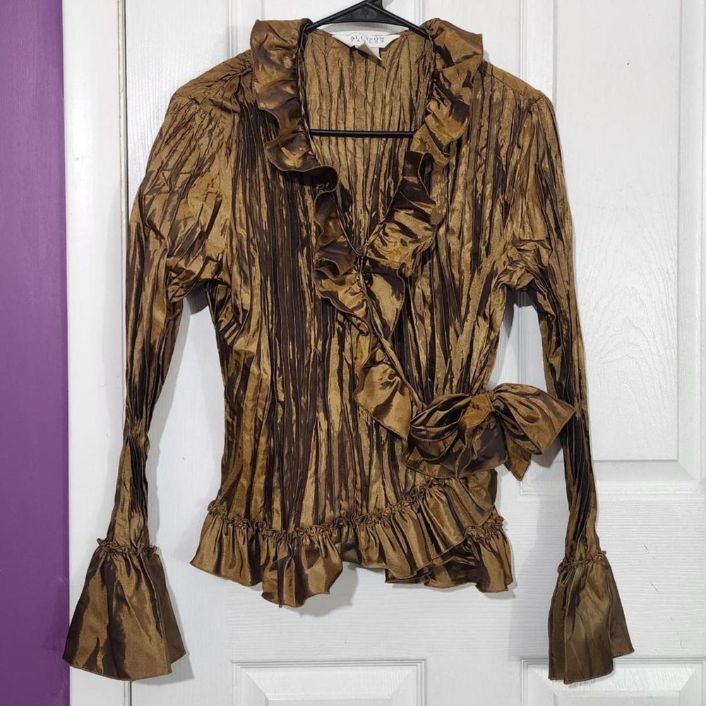 Y2K Brown Crinkled Ruffle Wrap Blouse